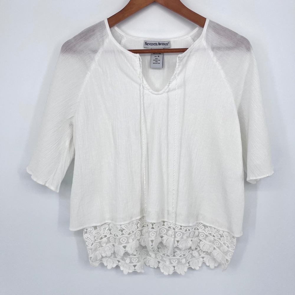 Seventh Avenue Blouse Women Medium White Gauzy Cotton Crochet Lace Boho Coastal